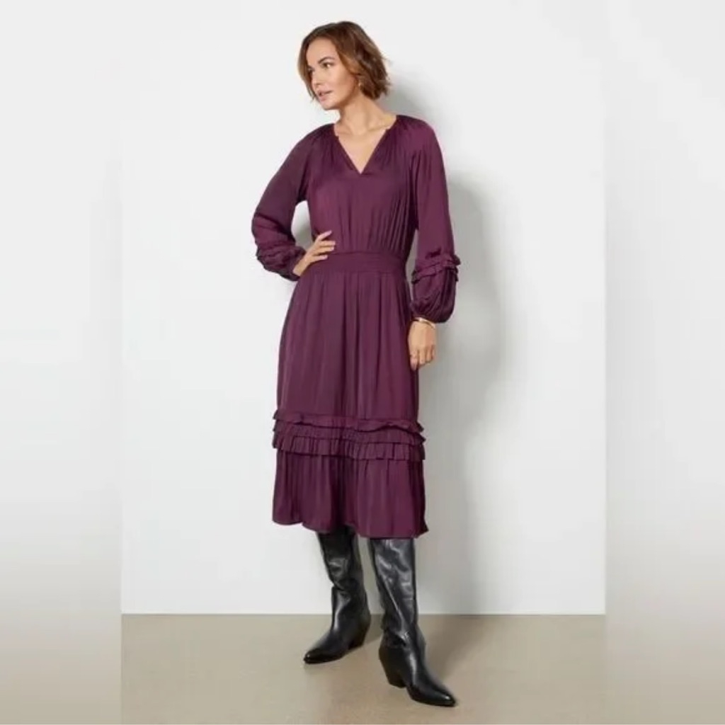 Evereve Layla Plum Purple Satin Ruffle Maxi Boho Dress Women Size Large